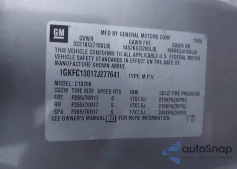2007 GMC Yukon Sle from USA, damaged, VIN 1GKFC13017J277641